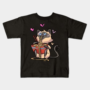Siamese Cat Eating Noodles Kids T-Shirt
